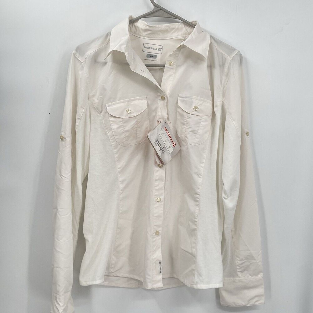 Merrell Medium Button Down Shirt Womens White NADA Roll Tab Sleeve Hiking